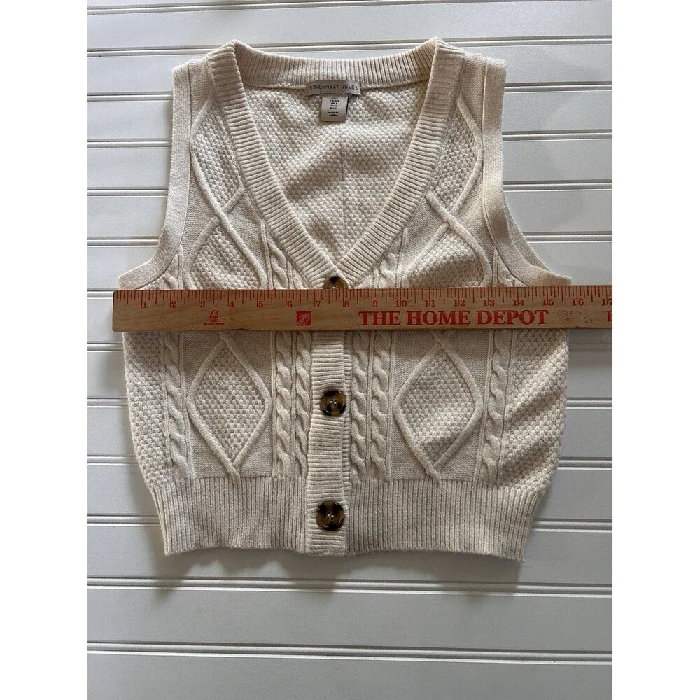 Sincerely Jules Sweater Vest Cream Knit Button Front V-Neck Cable Sz S Boho
